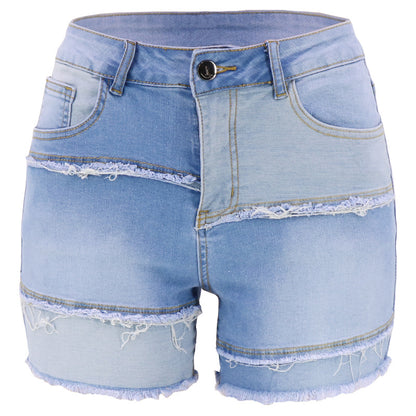 Worn Clothe Blocks Fringes Short Jeans