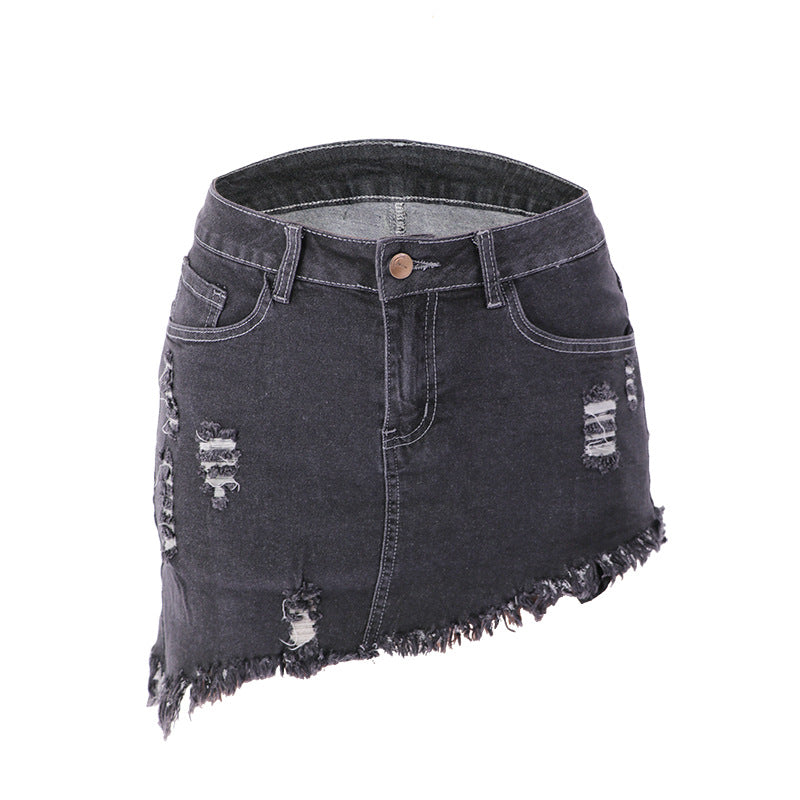 Asymmetric Worn Denim Mini Skirts