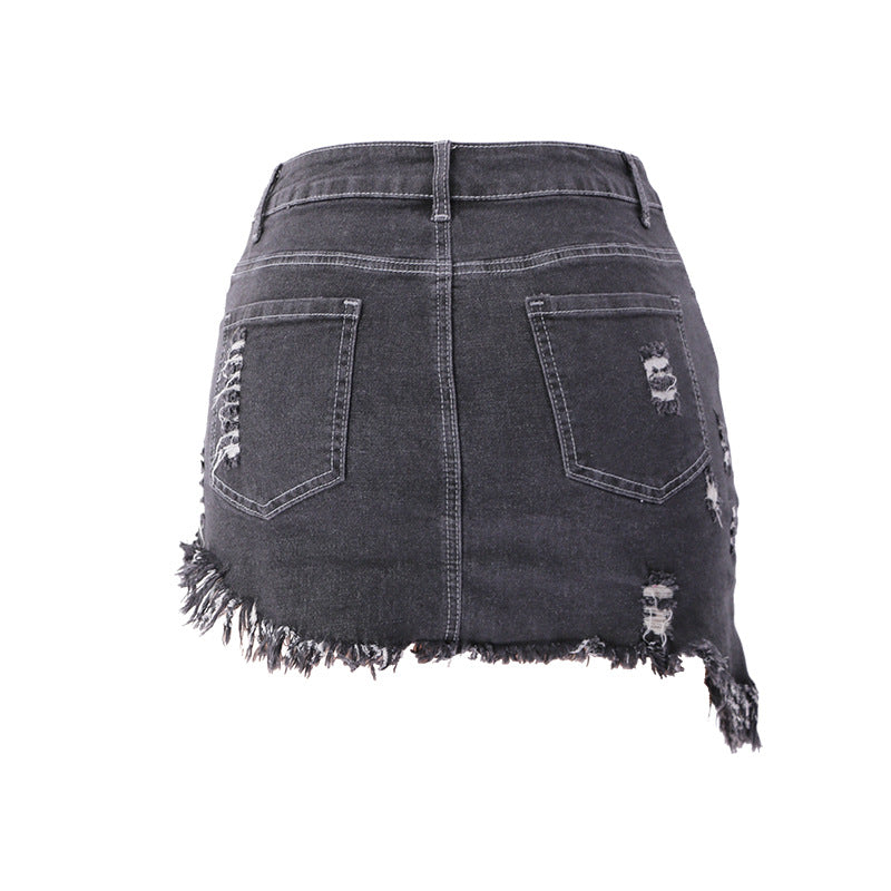 Asymmetric Worn Denim Mini Skirts