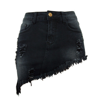 Asymmetric Worn Denim Mini Skirts