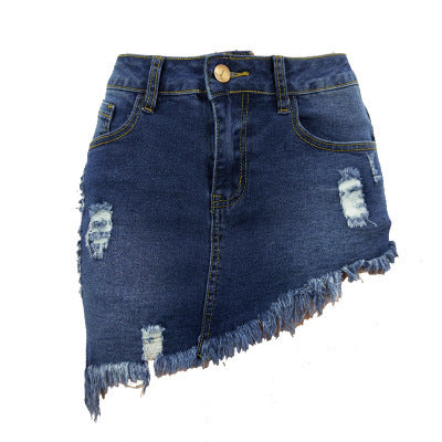 Asymmetric Worn Denim Mini Skirts