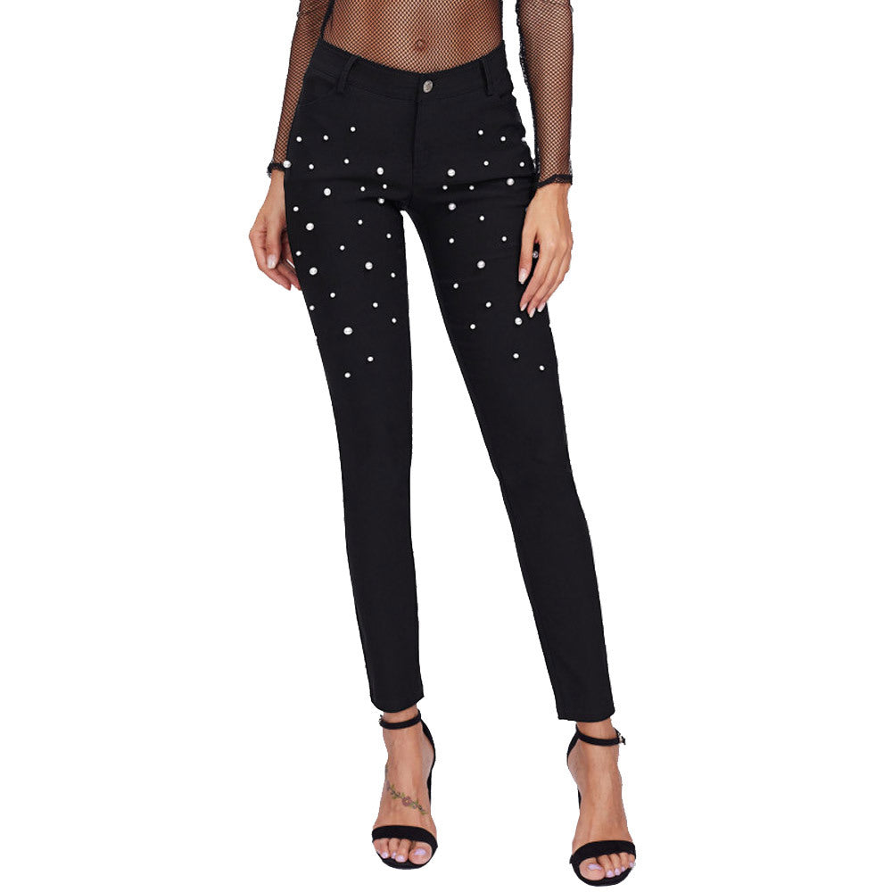 Elegant Glitter Pearl Low-Rise Straight Leg Denim Trousers