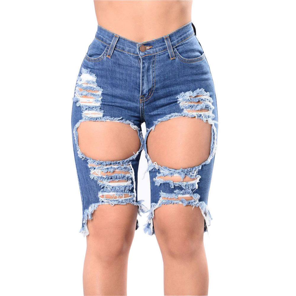 New American Broken Big Hole Worn Mid-Shorts Jeans
