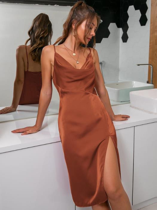 Spaghetti Stramps Slim Stylish Slit Cowl Neck Temperament Satin Midi Dress