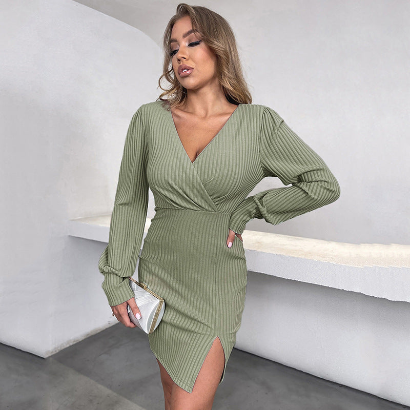 New 2022 Autumn INS Mint Green Deep-V Cross Neck Skinny Mini Dress