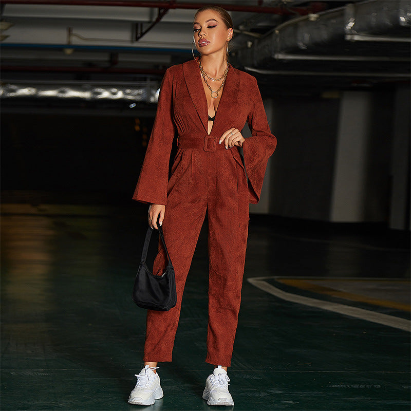 INS Fall Classy Red Velvet Brown Deep-V High-Rise Straight Leg Jumpsuit