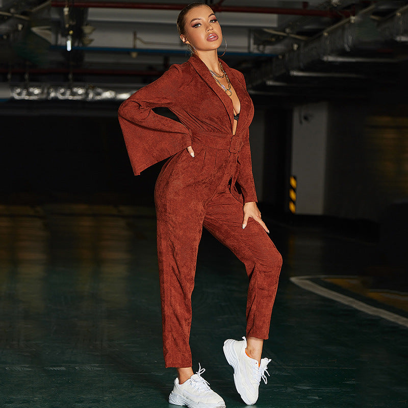 INS Fall Classy Red Velvet Brown Deep-V High-Rise Straight Leg Jumpsuit