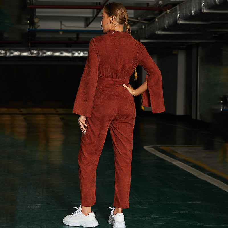 INS Fall Classy Red Velvet Brown Deep-V High-Rise Straight Leg Jumpsuit