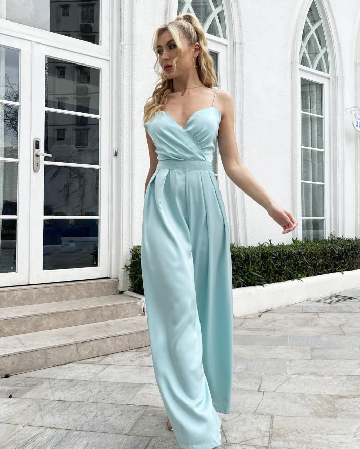 Casual Summer Spaghetti Stramps High-Rise Satin Wide-Leg Trousers Jumpsuit