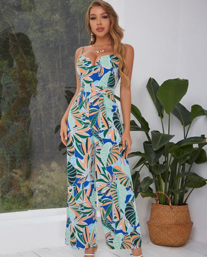 Kami Tropical Flaura Spaghetti Stramps High-Rise Straight-Leg Trousers Jumpsuit