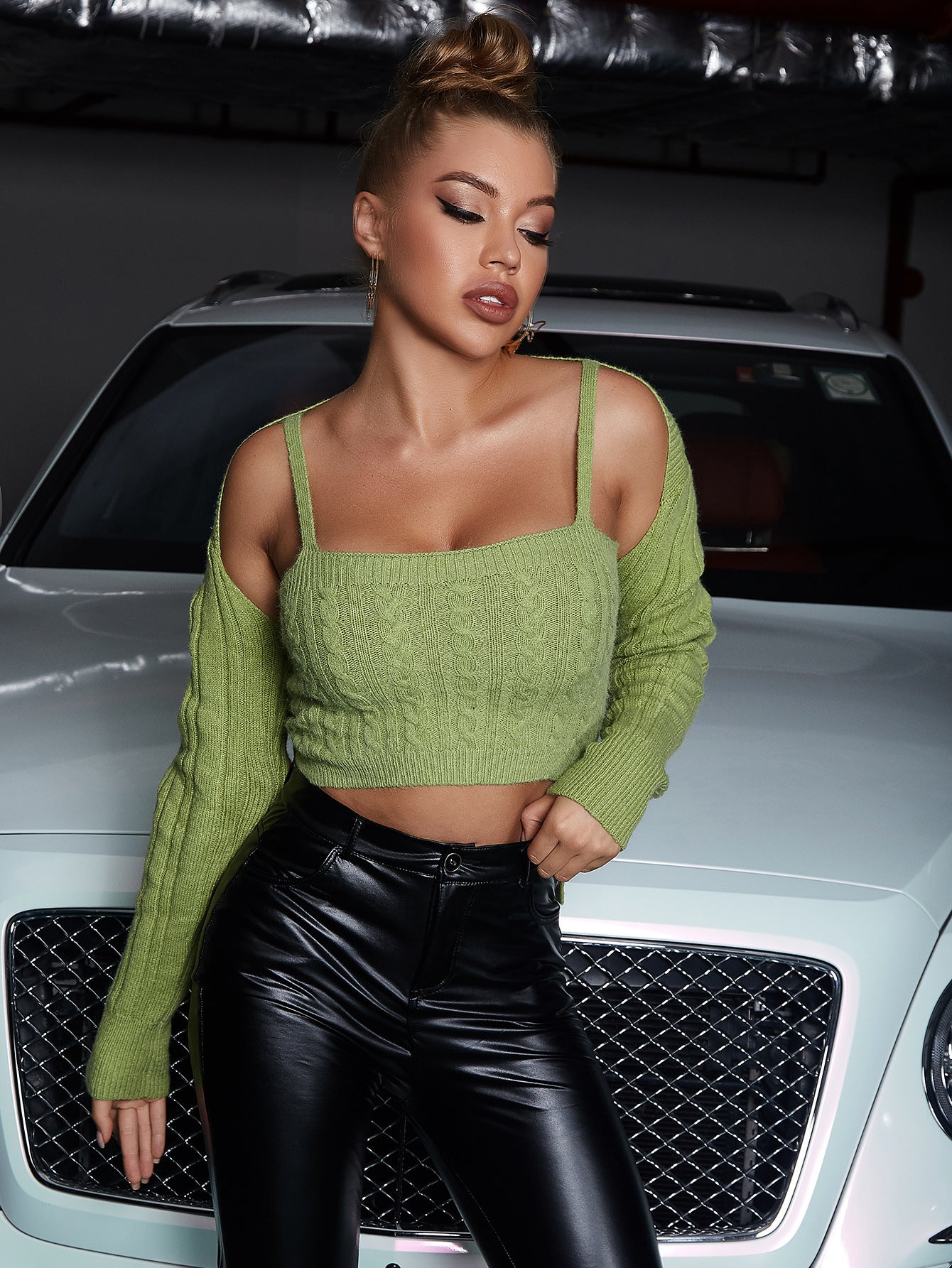 New 2022 Fall Knitwear Green Sexy Camisole Sweater With A Long-Sleeves Knit Cover-Up