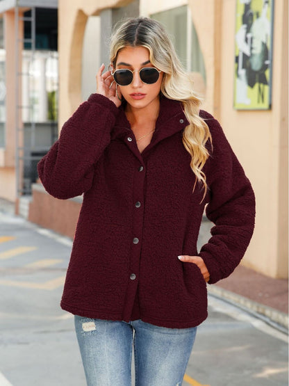 New 2022 INS Fall &amp; Winter French Classy Burgundy Funnel Collar Warm Fleece Coat