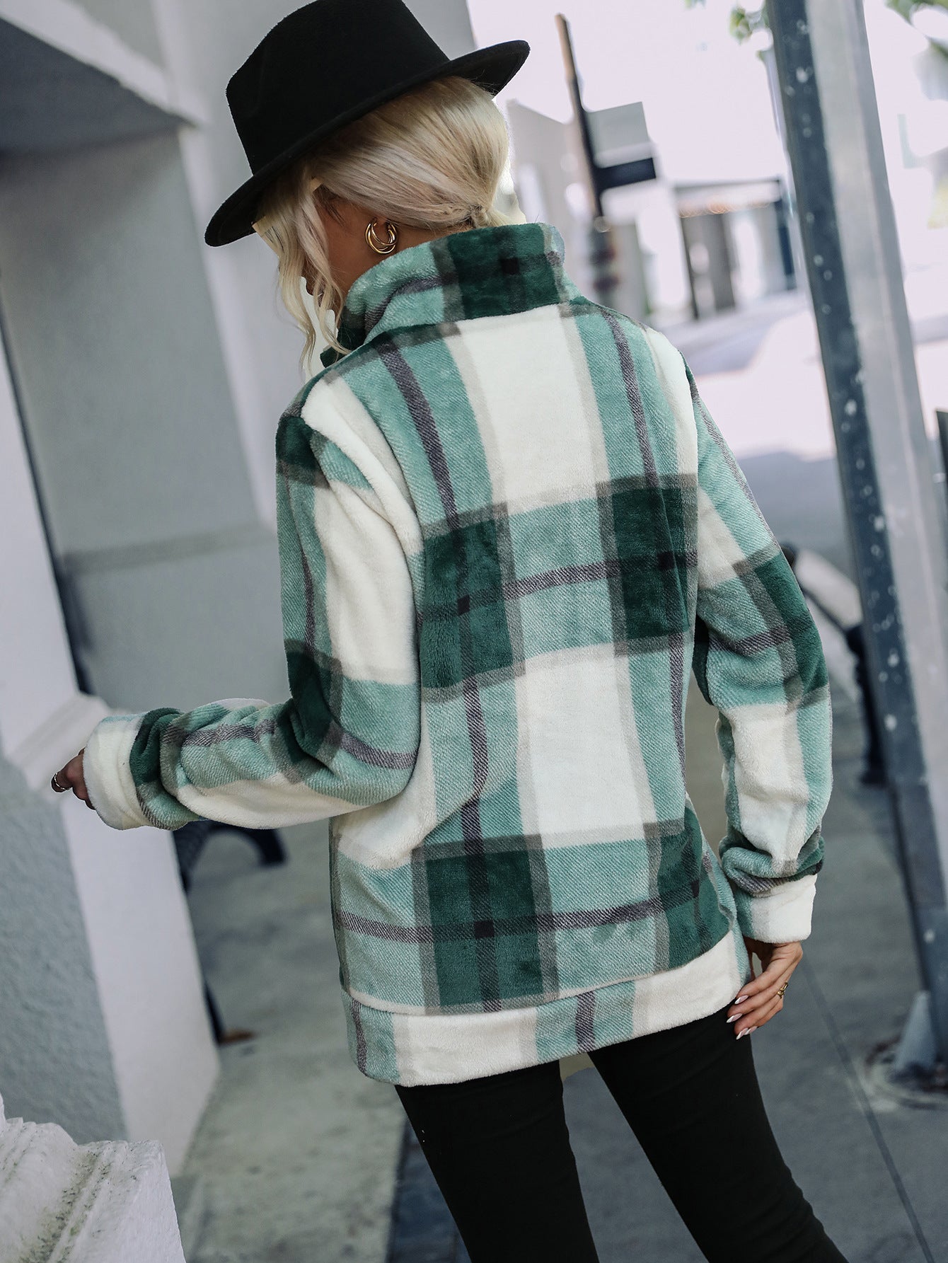 New 2022 INS Nordic Jasmine Mint Green Scottish Checkered Warm Fleece Zip Jacket