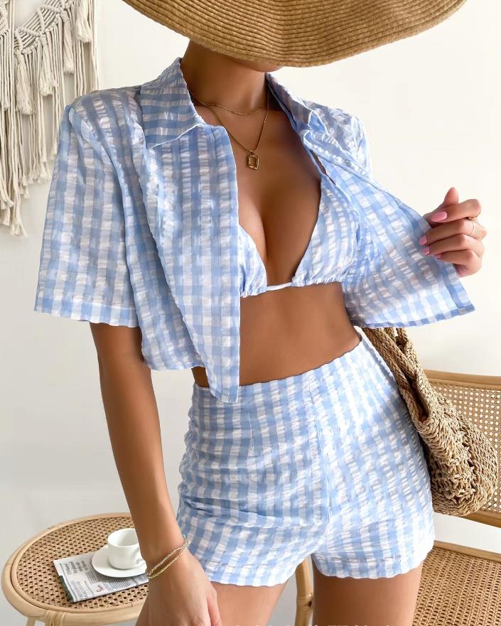 INS Sunshine Holiday Checkered Bikini &amp; Shirt &amp; Shorts Summer Vacation Set