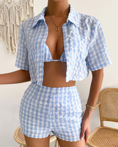 INS Sunshine Holiday Checkered Bikini &amp; Shirt &amp; Shorts Summer Vacation Set