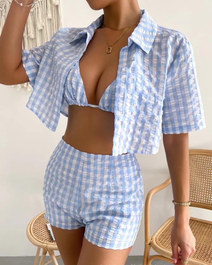 INS Sunshine Holiday Checkered Bikini &amp; Shirt &amp; Shorts Summer Vacation Set