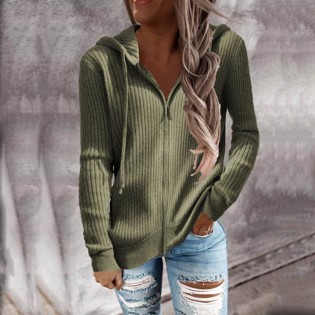 New Autumn &amp; Winter Stripe Knitwear Casual Sweater Hooded Drawstring Jacket